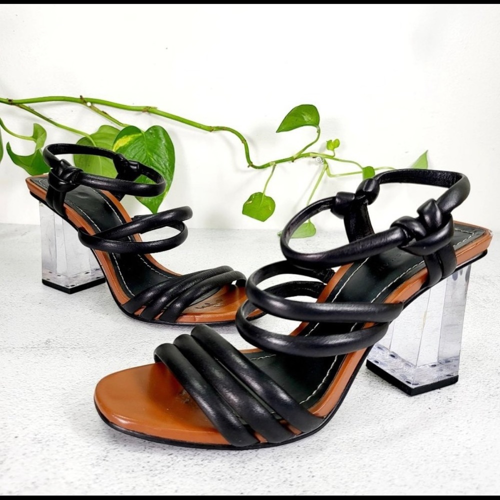 ZARA WOMAN Strappy Black Clear Transulent Clear Lucite Acrylic Block Heel 6